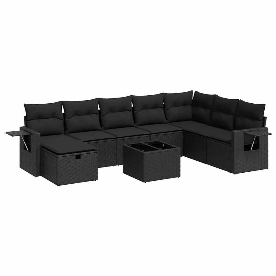 Salon de jardin 9 pcs avec coussins noir résine tressée - 2