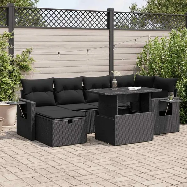 Salon de jardin 7 pcs avec coussins noir résine tressée 62 x 62 x 69 cm - 68,2 kg