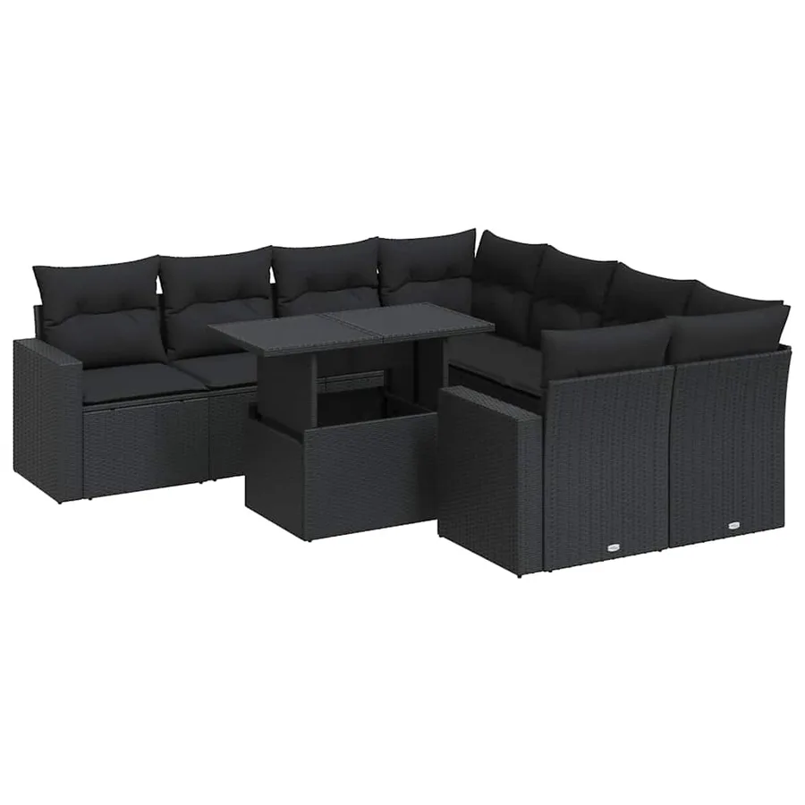 Salon de jardin 9 pcs avec coussins noir résine tressée - 2