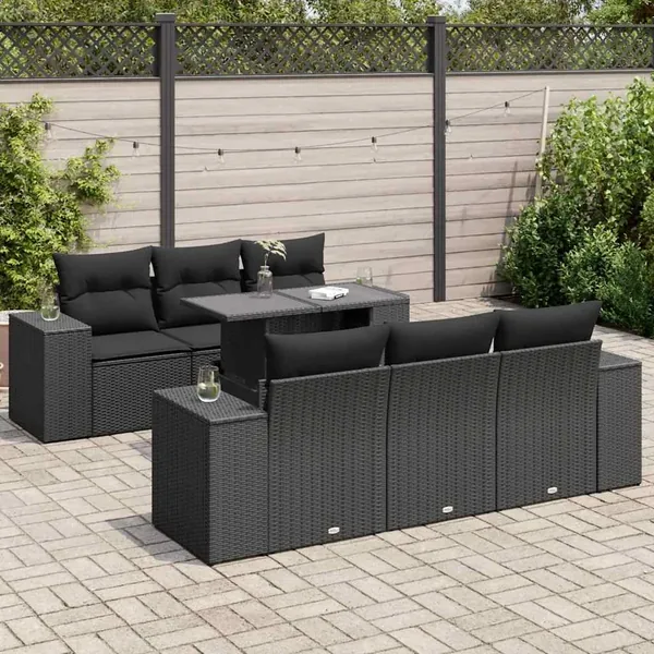 Salon de jardin 7 pcs avec coussins noir résine tressée 83 x 62 x 69 cm - 75,4 kg