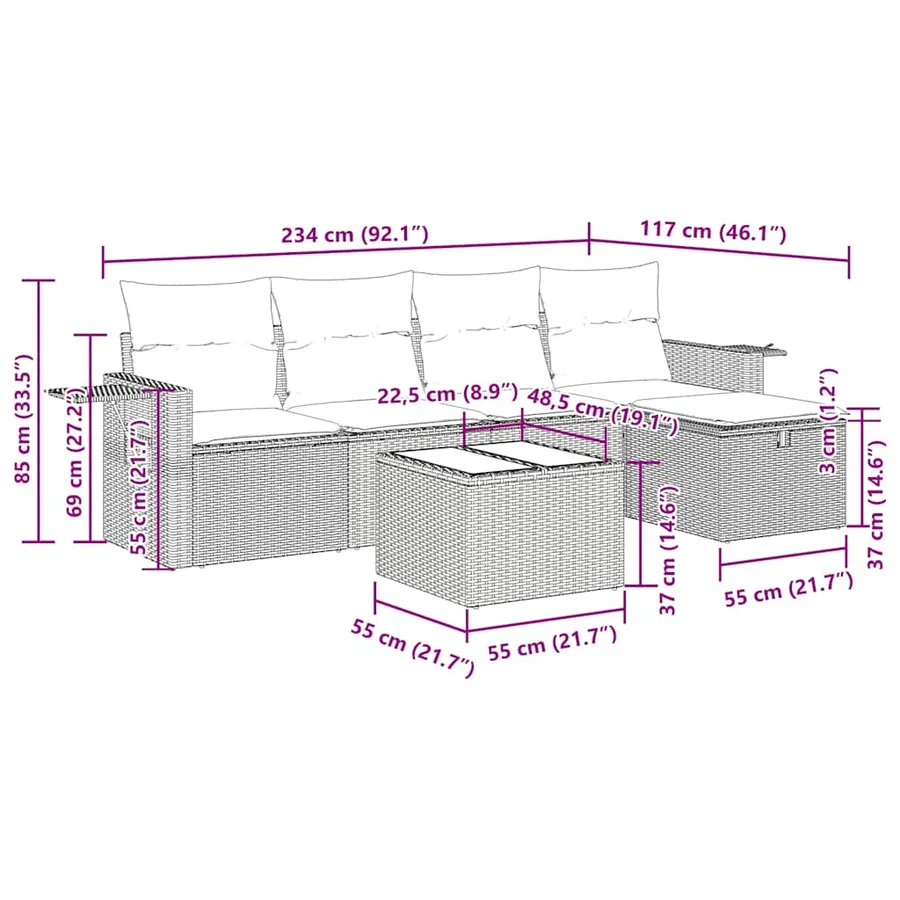 Salon de jardin 6 pcs avec coussins noir résine tressée - 13