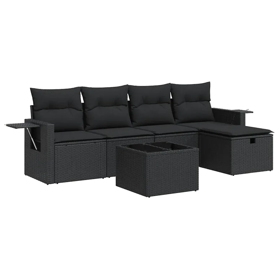 Salon de jardin 6 pcs avec coussins noir résine tressée - 2