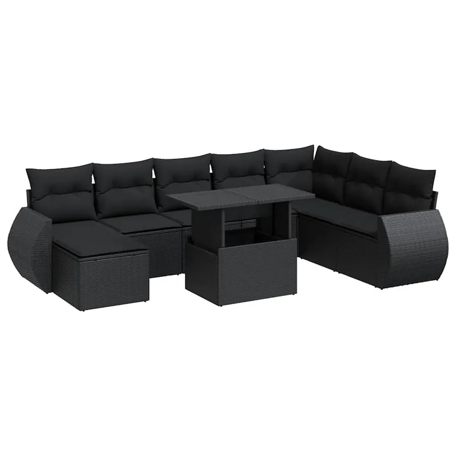 Salon de jardin 9 pcs avec coussins noir résine tressée - 2