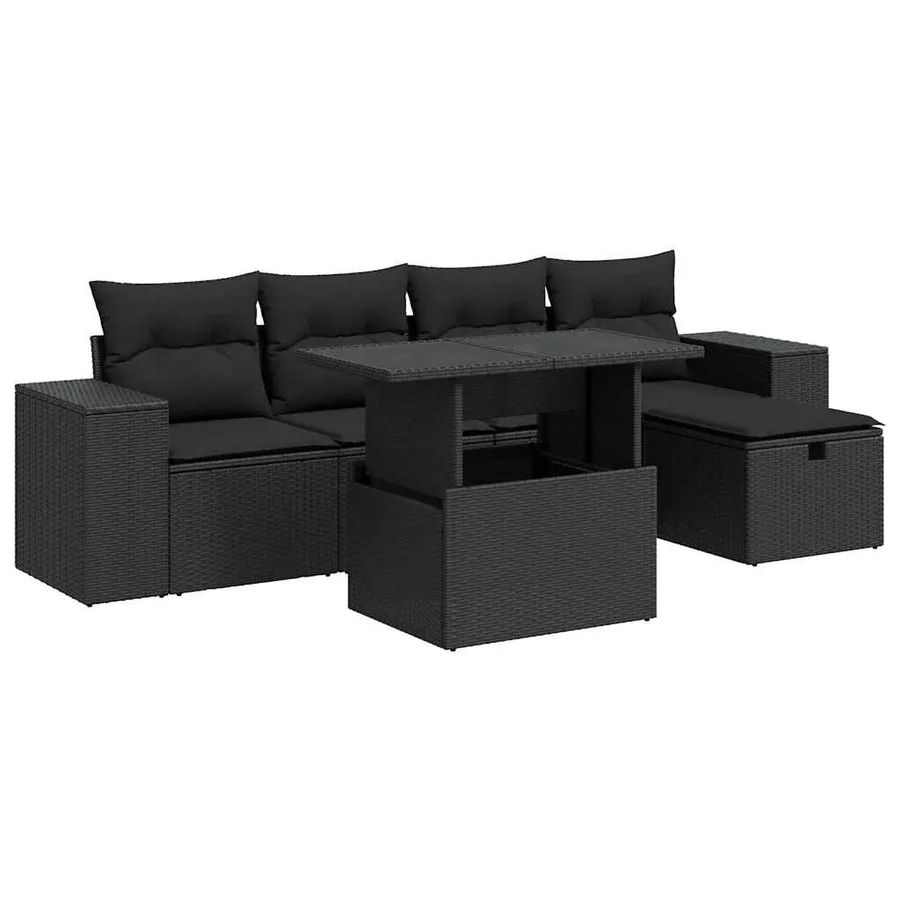 Salon de jardin 6 pcs avec coussins noir résine tressée - 2