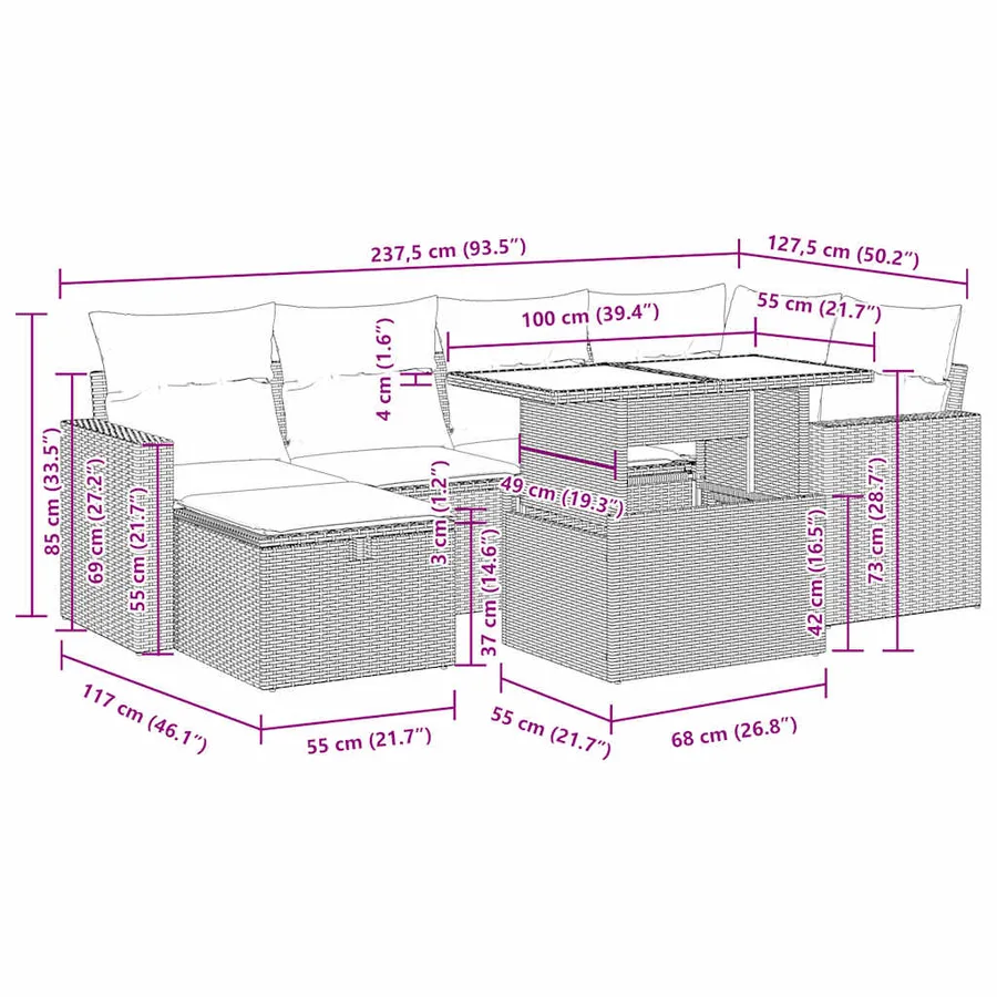 Salon de jardin 7 pcs avec coussins noir résine tressée 62 x 62 x 69 cm - 66,8 kg - 17