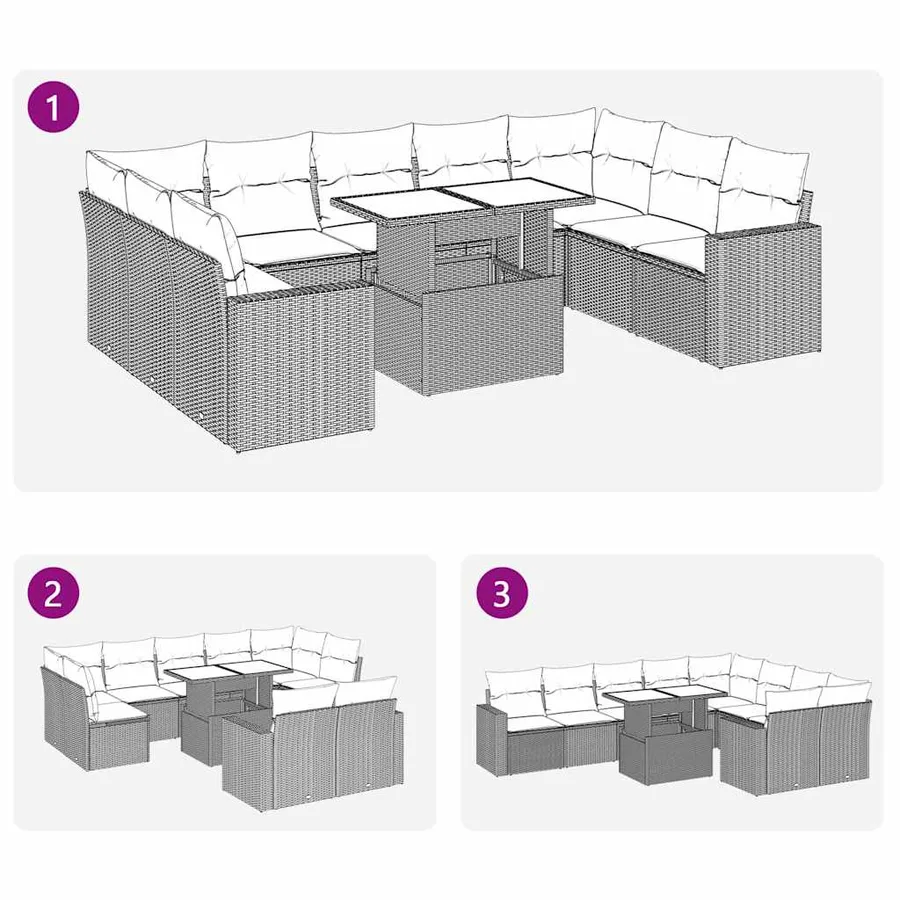 Salon de jardin 10 pcs avec coussins noir résine tressée - 11