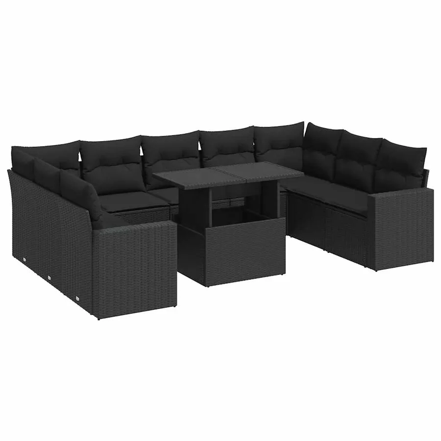 Salon de jardin 10 pcs avec coussins noir résine tressée - 2