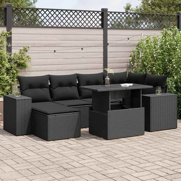 Salon de jardin 7 pcs avec coussins noir résine tressée 62 x 62 x 69 cm - 70,2 kg