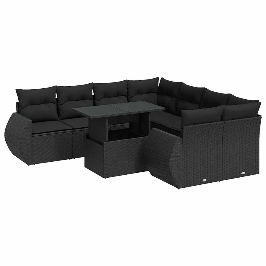 Salon de jardin 9 pcs avec coussins noir résine tressée - 2