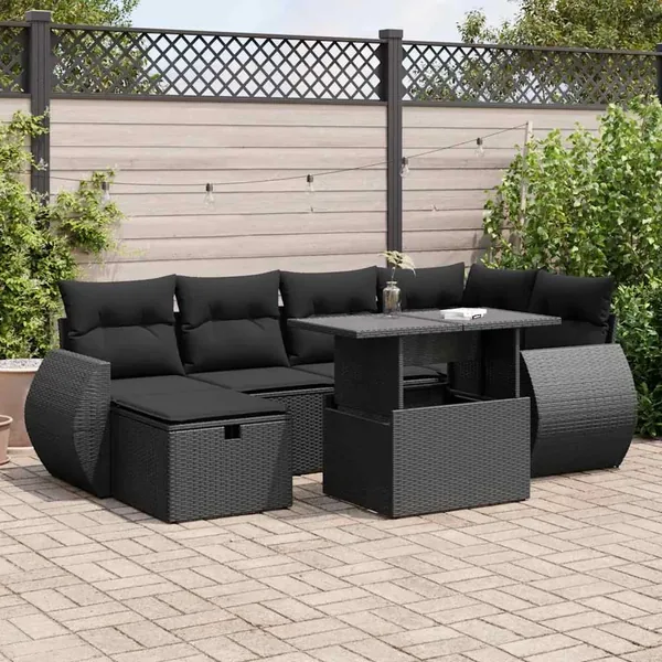 Salon de jardin 7 pcs avec coussins noir résine tressée 62 x 62 x 69 cm - 67,8 kg