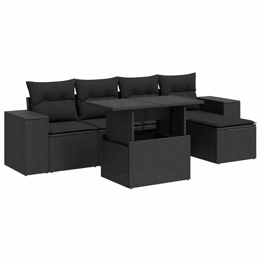 Salon de jardin 6 pcs avec coussins noir résine tressée - 2