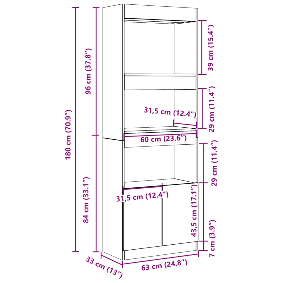 Buffet haut 63x33x180 cm sonoma gris bois d'ingénierie - 12