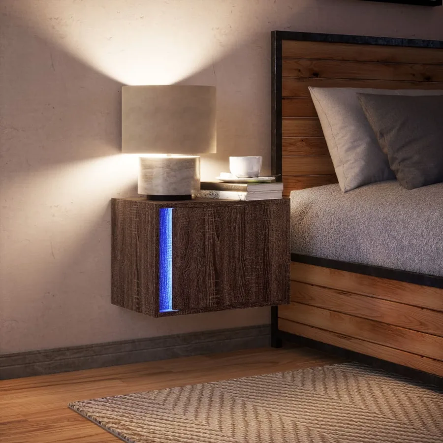 Table de chevet murale avec lumières LED chêne marron - 5