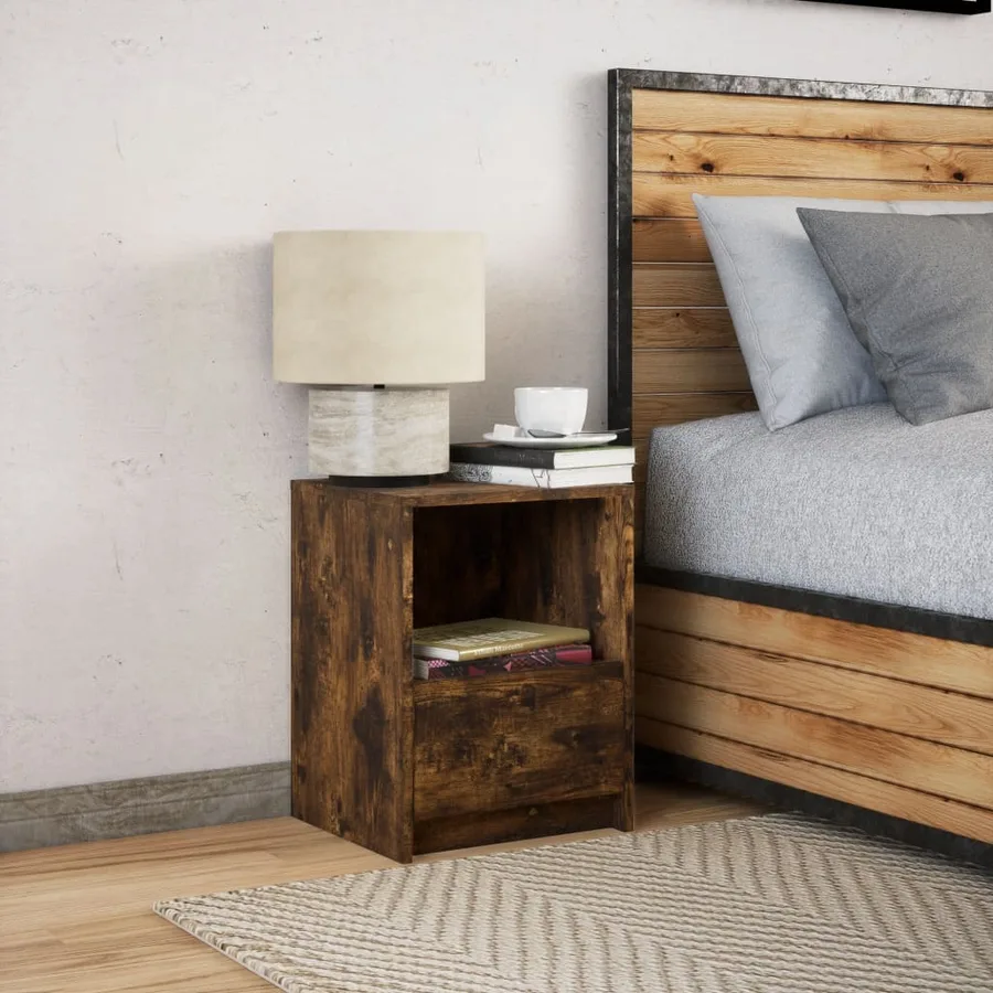 Armoire de chevet et lumières LED chêne fumé bois d'ingénierie - 4