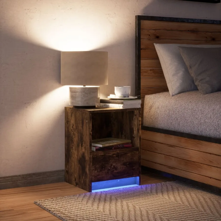 Armoire de chevet et lumières LED chêne fumé bois d'ingénierie - 5