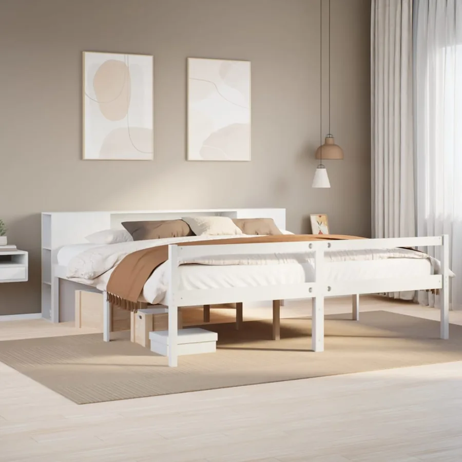 Lit bibliothèque sans matelas blanc 200x200 cm bois pin massif