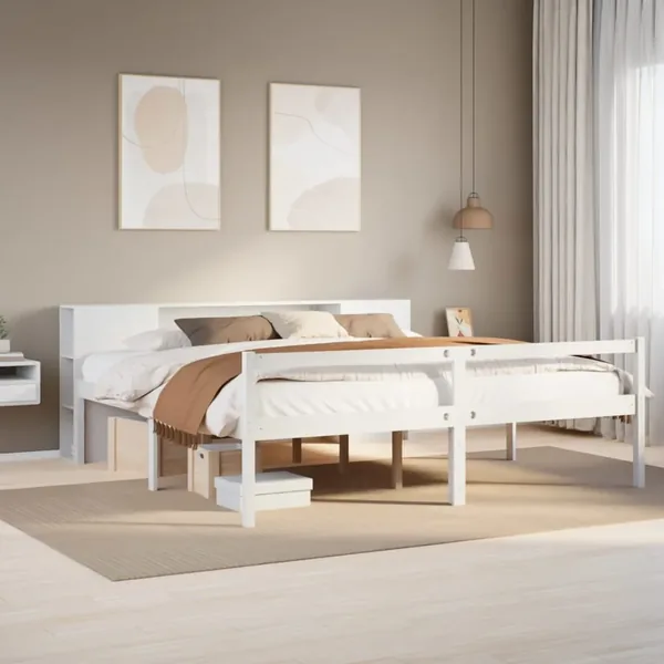 Lit bibliothèque sans matelas blanc 200x200 cm bois pin massif