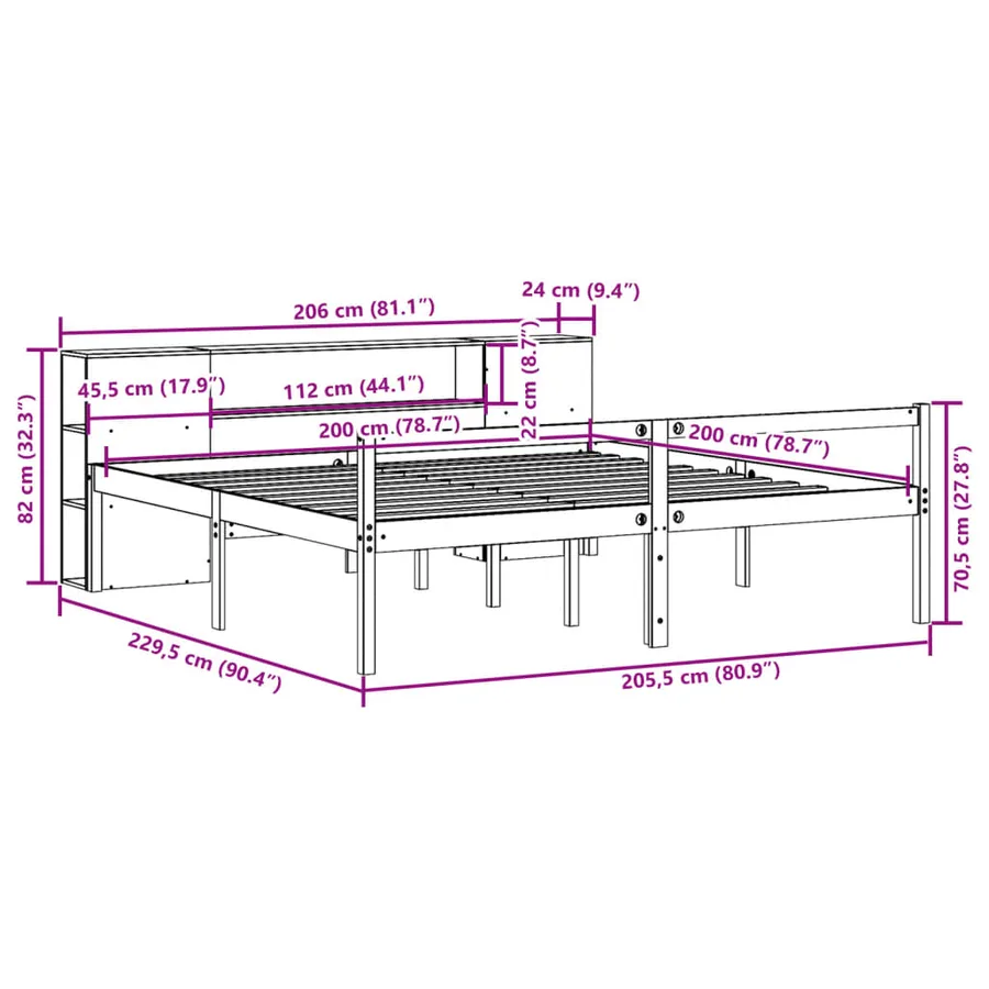 Lit bibliothèque sans matelas blanc 200x200 cm bois pin massif - 12
