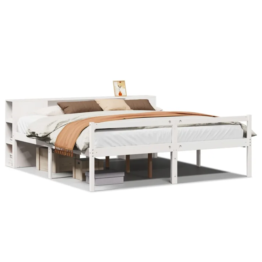 Lit bibliothèque sans matelas blanc 200x200 cm bois pin massif - 2