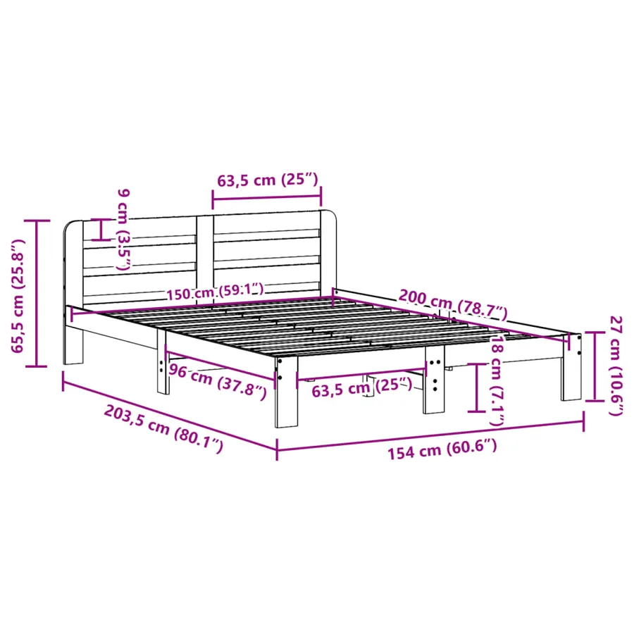 Cadre de lit sans matelas blanc 150x200 cm bois de pin massif - 9