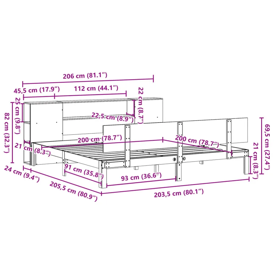 Lit bibliothèque sans matelas blanc 200x200 cm bois pin massif - 11