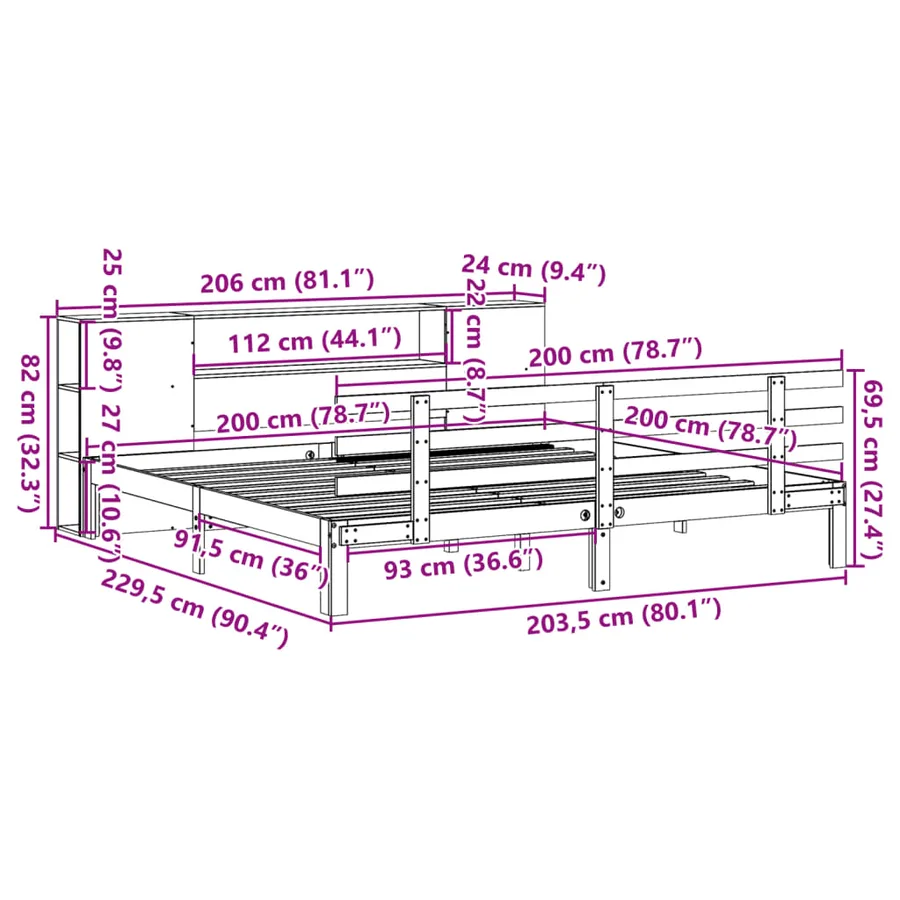 Lit bibliothèque sans matelas blanc 200x200 cm bois pin massif - 11