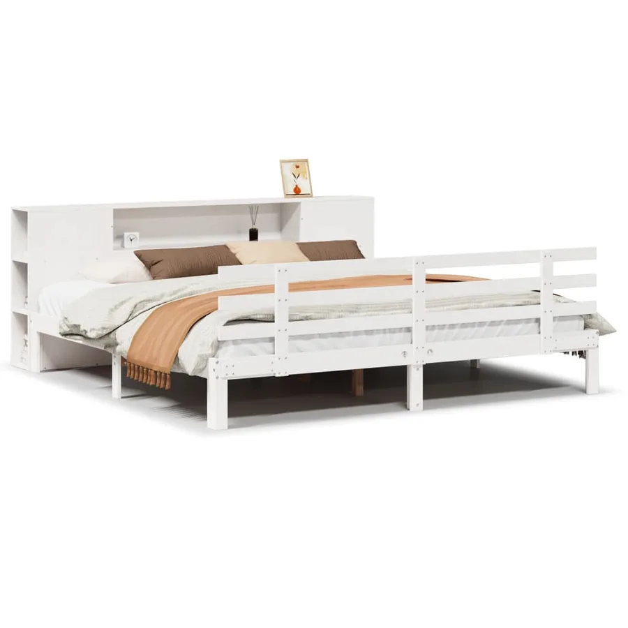 Lit bibliothèque sans matelas blanc 200x200 cm bois pin massif - 2