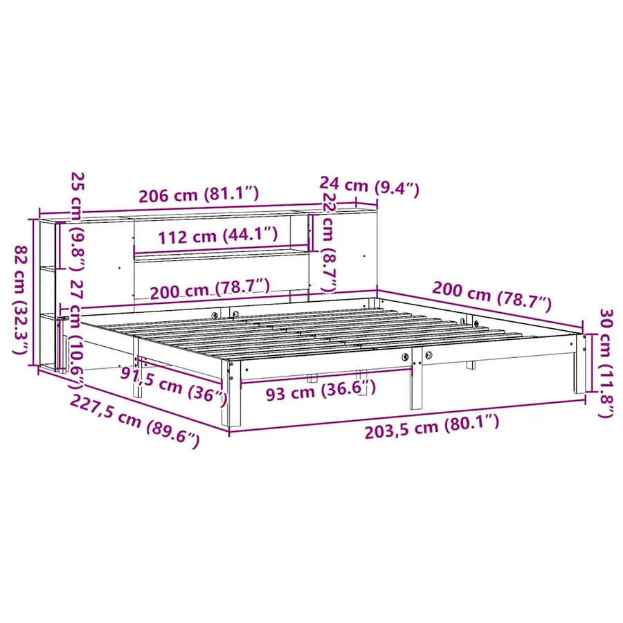 Lit bibliothèque sans matelas blanc 200x200 cm bois pin massif - 11