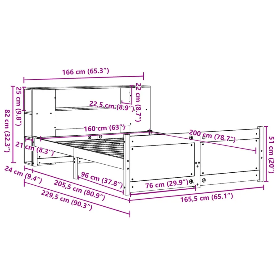 Lit bibliothèque sans matelas blanc 160x200 cm bois pin massif - 11
