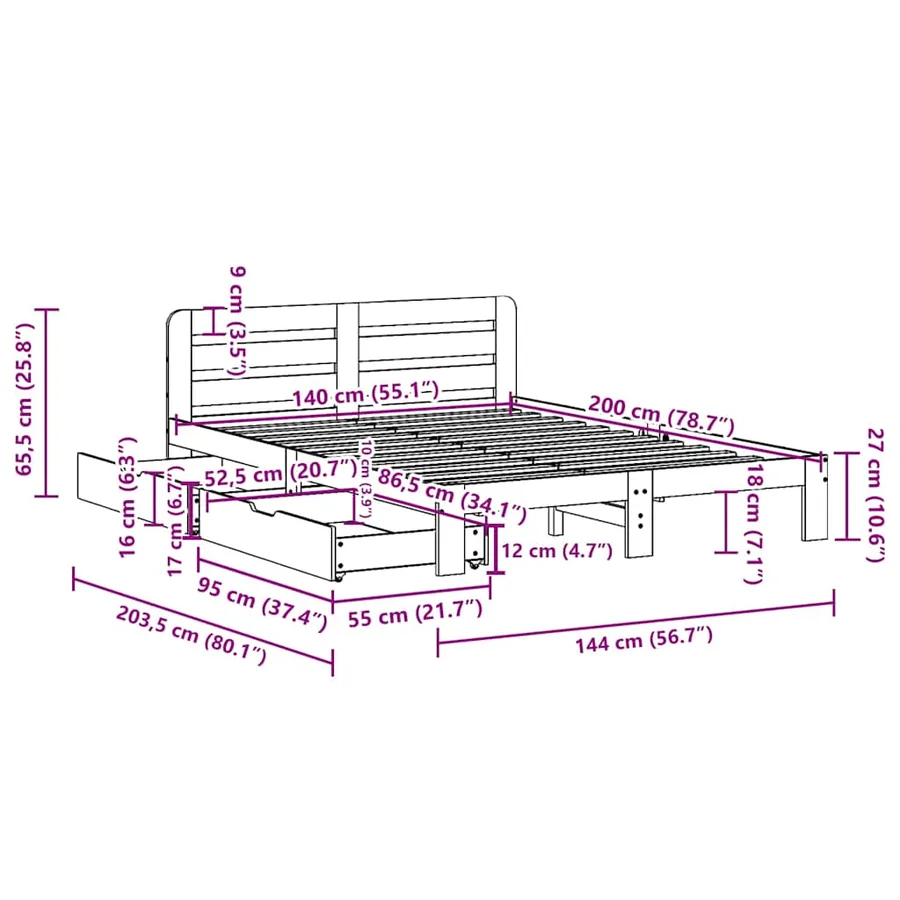 Cadre de lit sans matelas blanc 140x200 cm bois de pin massif - 11