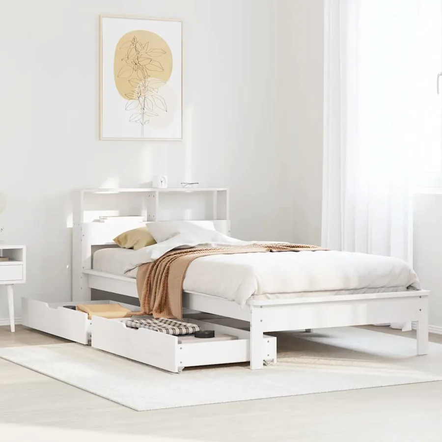 Lit bibliothèque sans matelas blanc 90x190cm bois de pin massif