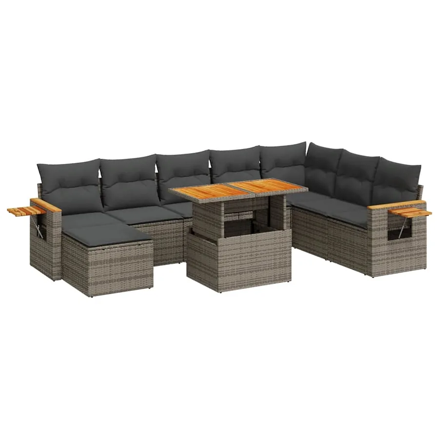 Salon de jardin avec coussins 9 pcs gris résine tressée acacia - 2
