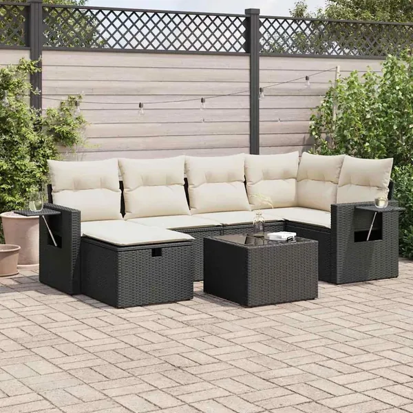 Salon de jardin 7 pcs avec coussins noir résine tressée 62 x 62 x 69 cm - 61,4 kg