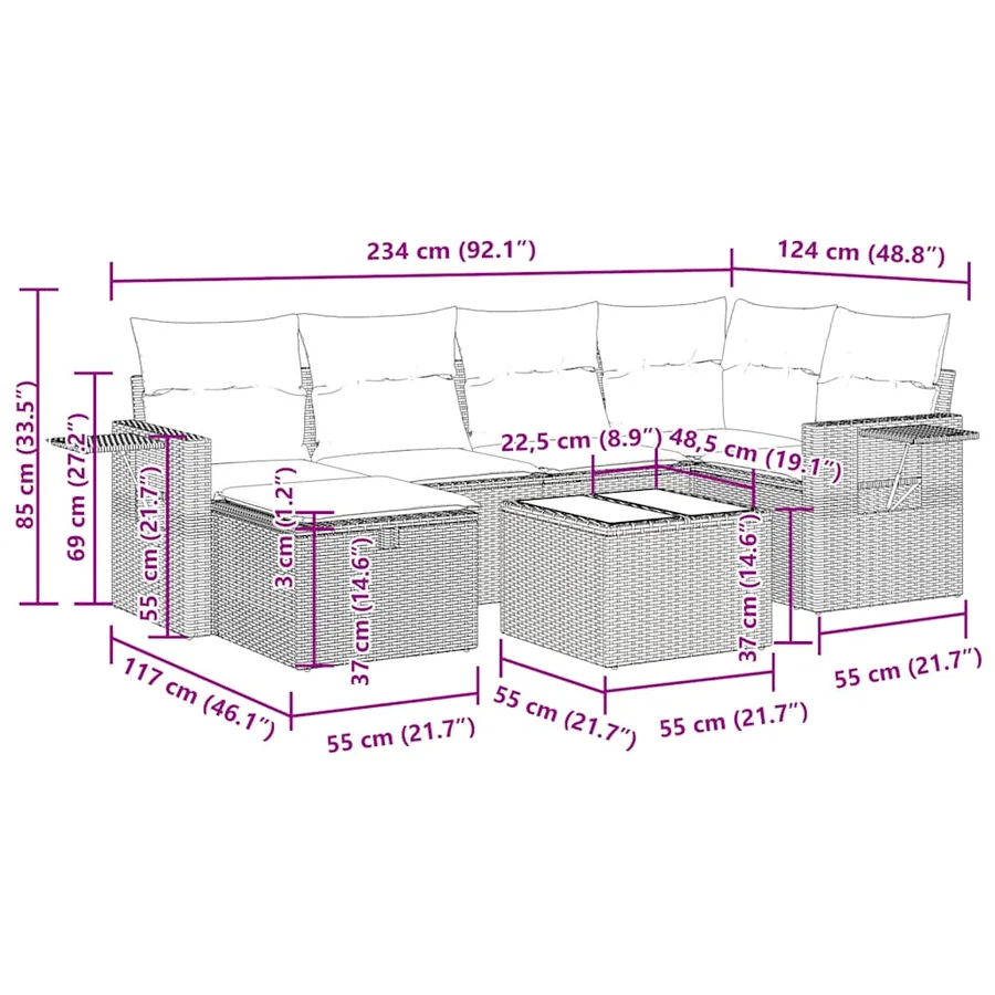 Salon de jardin 7 pcs avec coussins noir résine tressée 62 x 62 x 69 cm - 61,4 kg - 16
