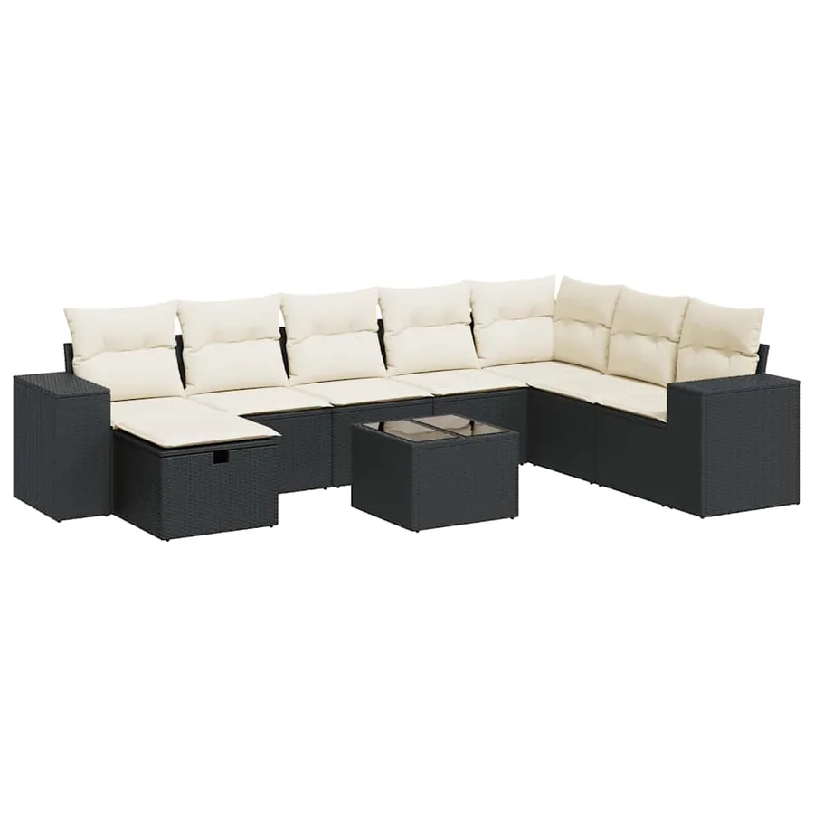 Salon de jardin 9 pcs avec coussins noir résine tressée - 2