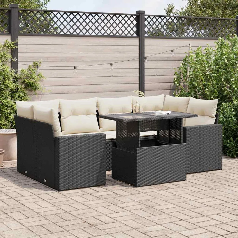 Salon de jardin 7 pcs avec coussins noir résine tressée 55 x 62 x 69 cm - 70,5 kg