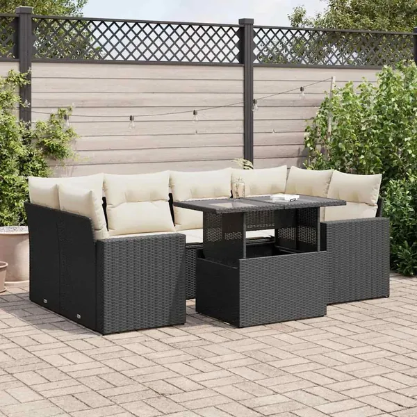 Salon de jardin 7 pcs avec coussins noir résine tressée 55 x 62 x 69 cm - 70,5 kg