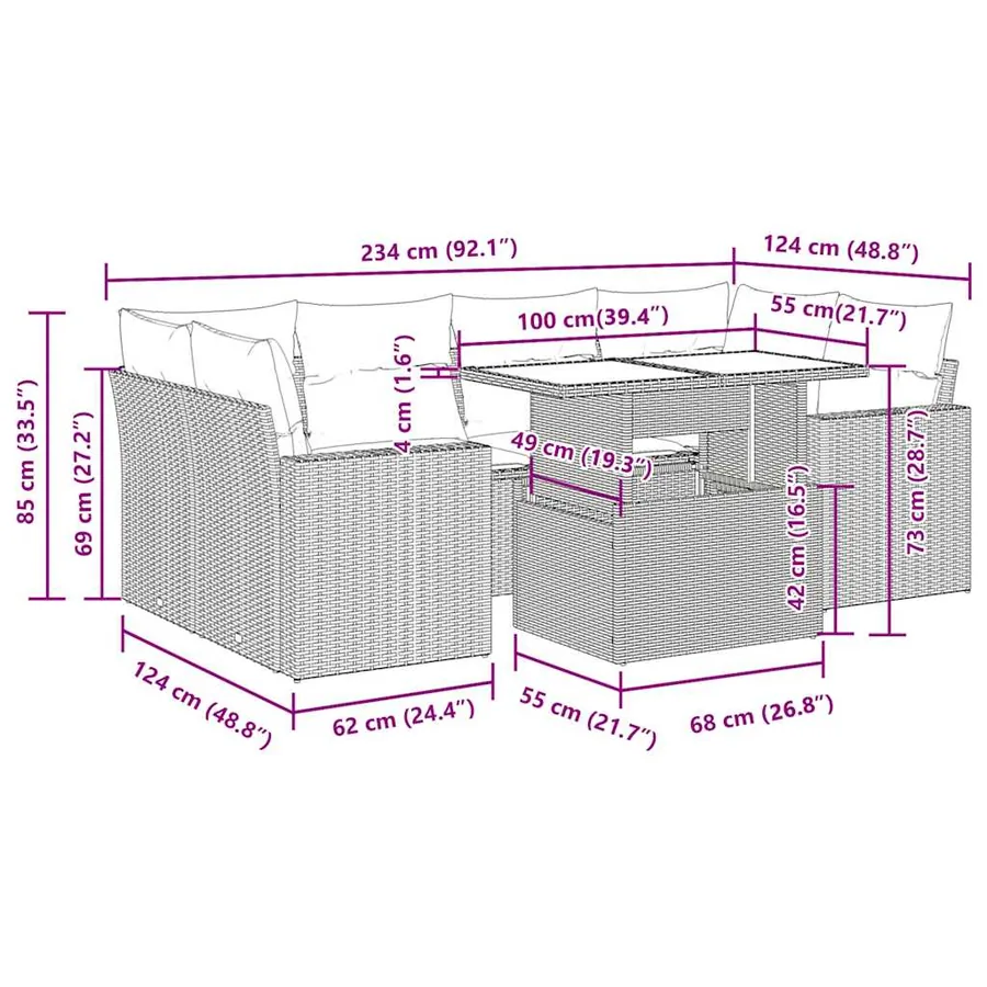 Salon de jardin 7 pcs avec coussins noir résine tressée 55 x 62 x 69 cm - 70,5 kg - 13