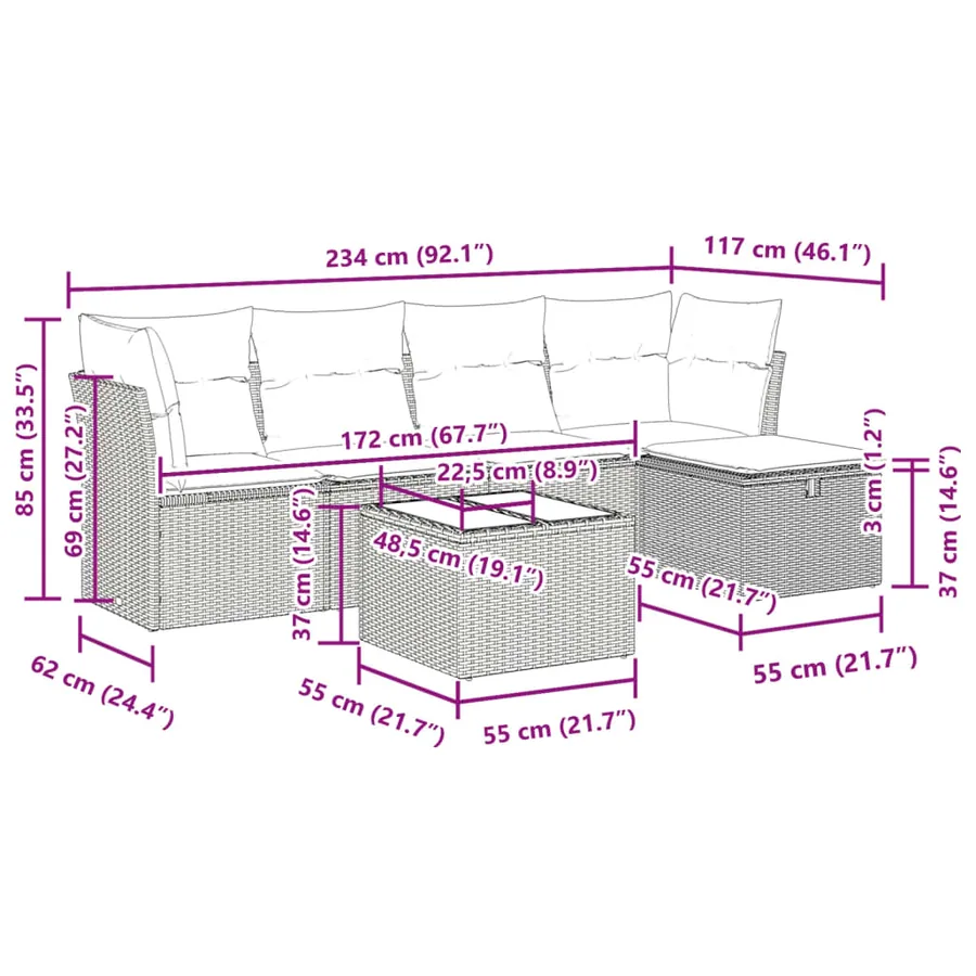 Salon de jardin 6 pcs avec coussins noir résine tressée - 12