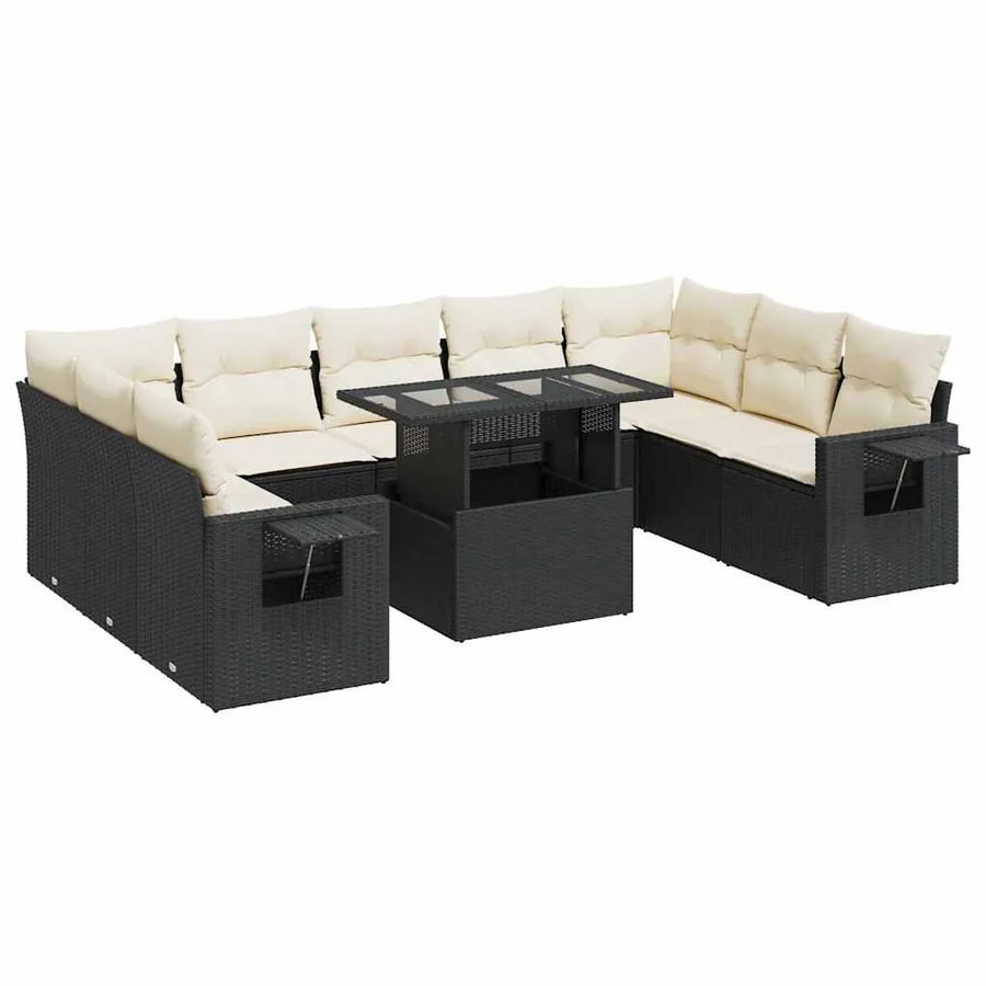 Salon de jardin 10 pcs avec coussins noir résine tressée - 2