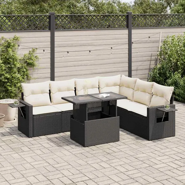 Salon de jardin 7 pcs avec coussins noir résine tressée 55 x 62 x 69 cm - 68,8 kg