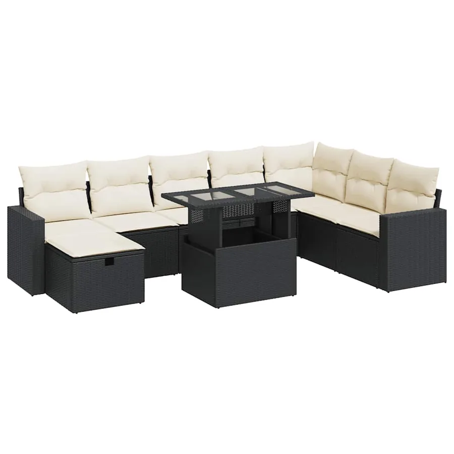 Salon de jardin 9 pcs avec coussins noir résine tressée - 2