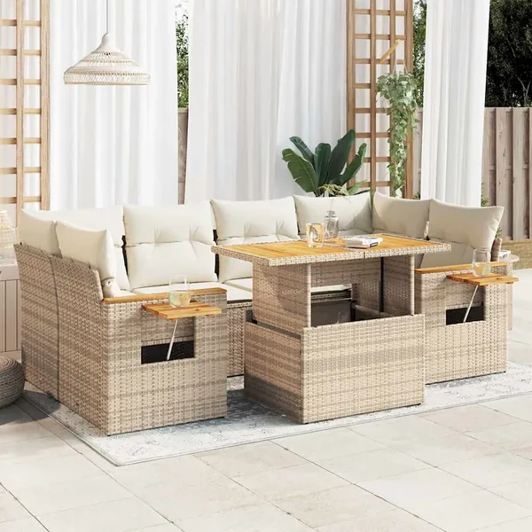 Salon de jardin avec coussins 7 pcs beige résine tressée acacia