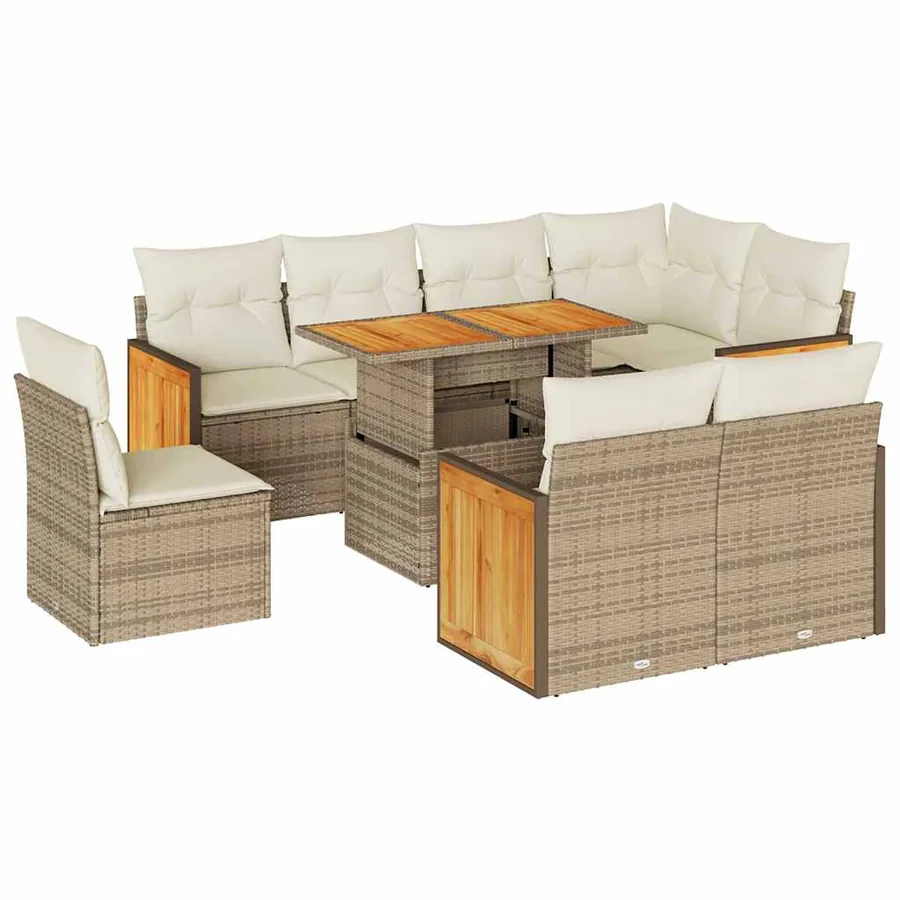 Salon de jardin avec coussins 9 pcs beige résine tressée acacia - 2