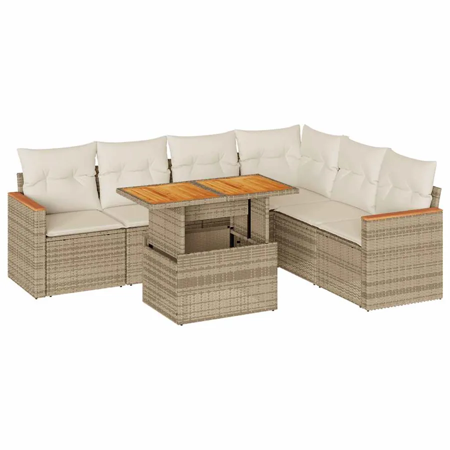 Salon de jardin avec coussins 7 pcs beige résine tressée acacia - 2