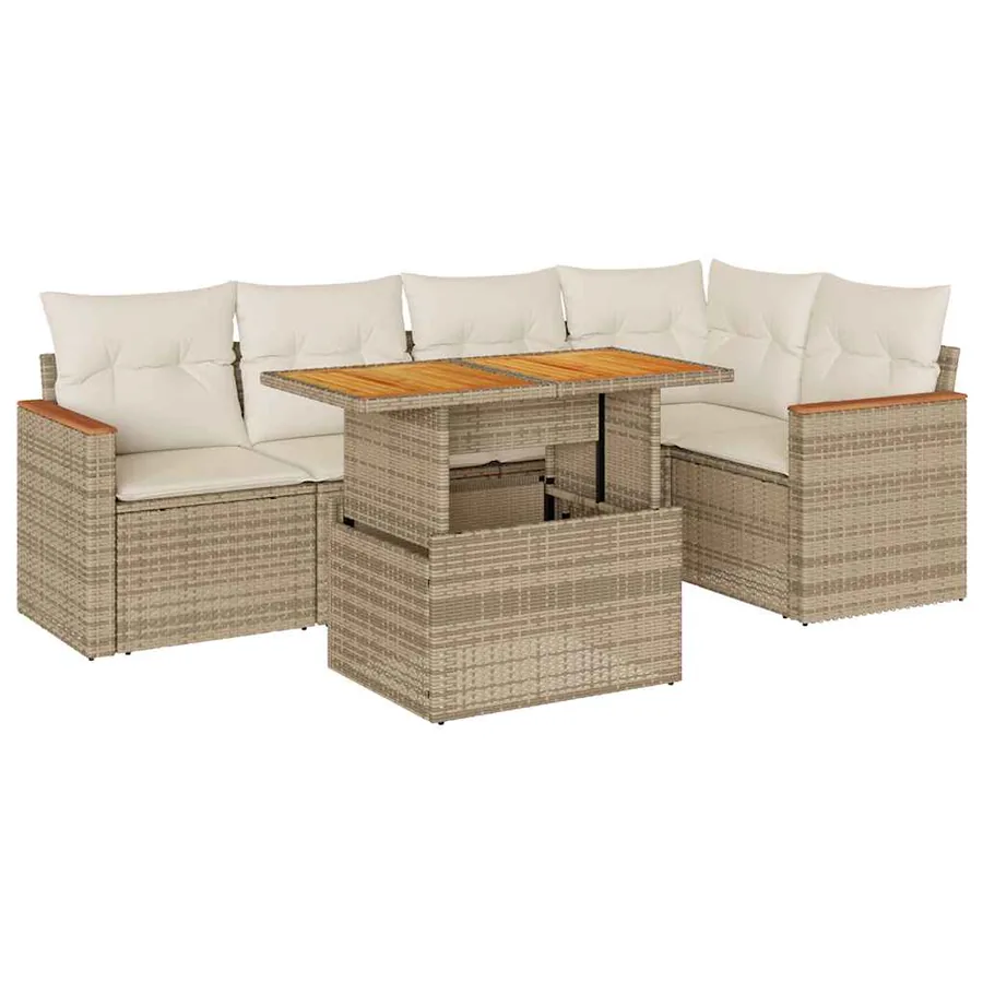 Salon de jardin 6 pcs avec coussins beige résine tressée acacia - 2