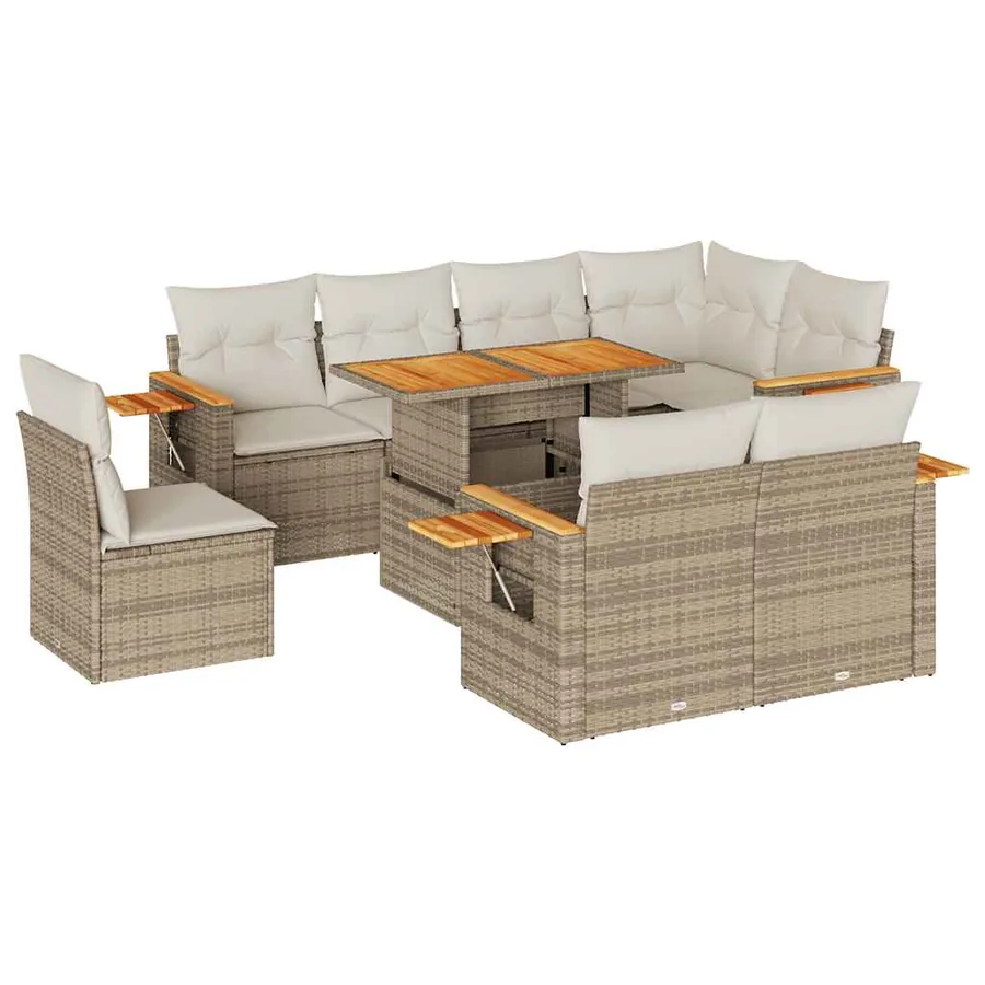 Salon de jardin avec coussins 9 pcs beige résine tressée acacia - 2