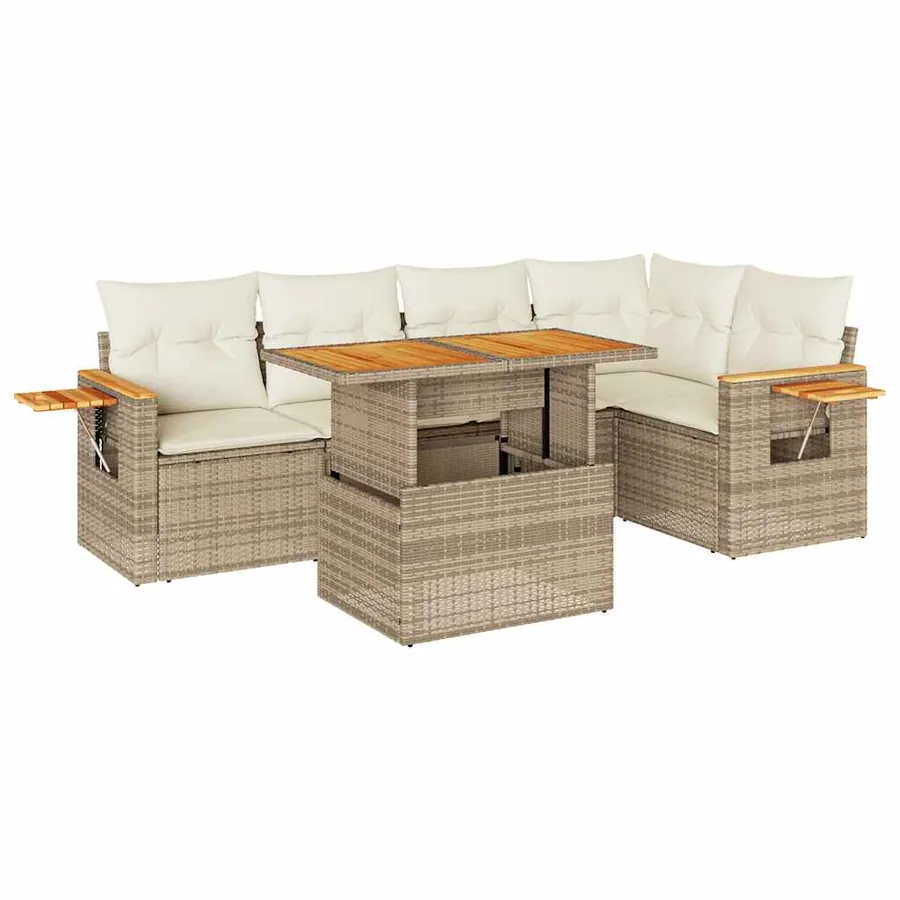 Salon de jardin 6 pcs avec coussins beige résine tressée acacia - 2