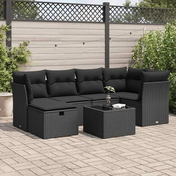 Salon de jardin 7 pcs avec coussins noir résine tressée 62 x 62 x 69 cm - 60,6 kg