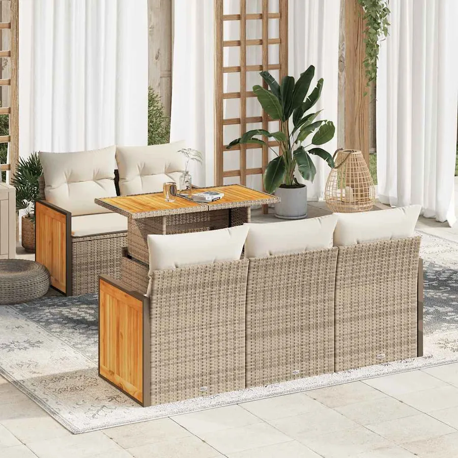 Salon de jardin 6 pcs avec coussins beige résine tressée acacia